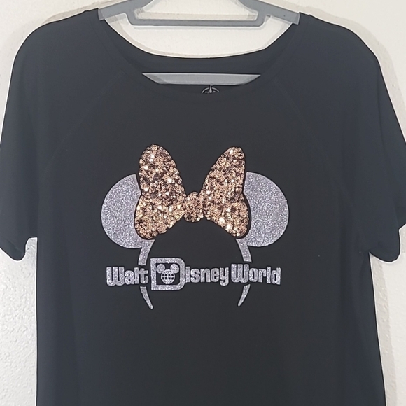 Disney Tops - DISNEY PARKS Rose Gold Sequined Bow w/Sparkly Silver Ears Black Tee, size Large